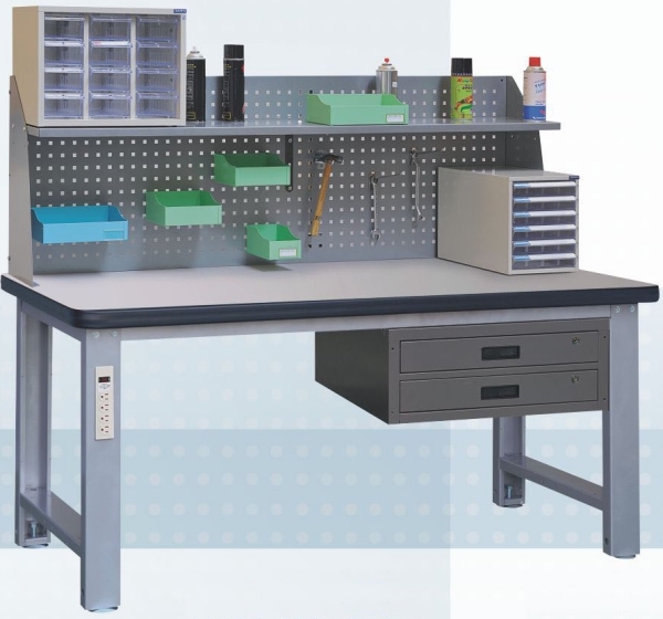 耐磨桌+掛板+層板+二抽吊櫃重型工作桌 WHD-PYL-150